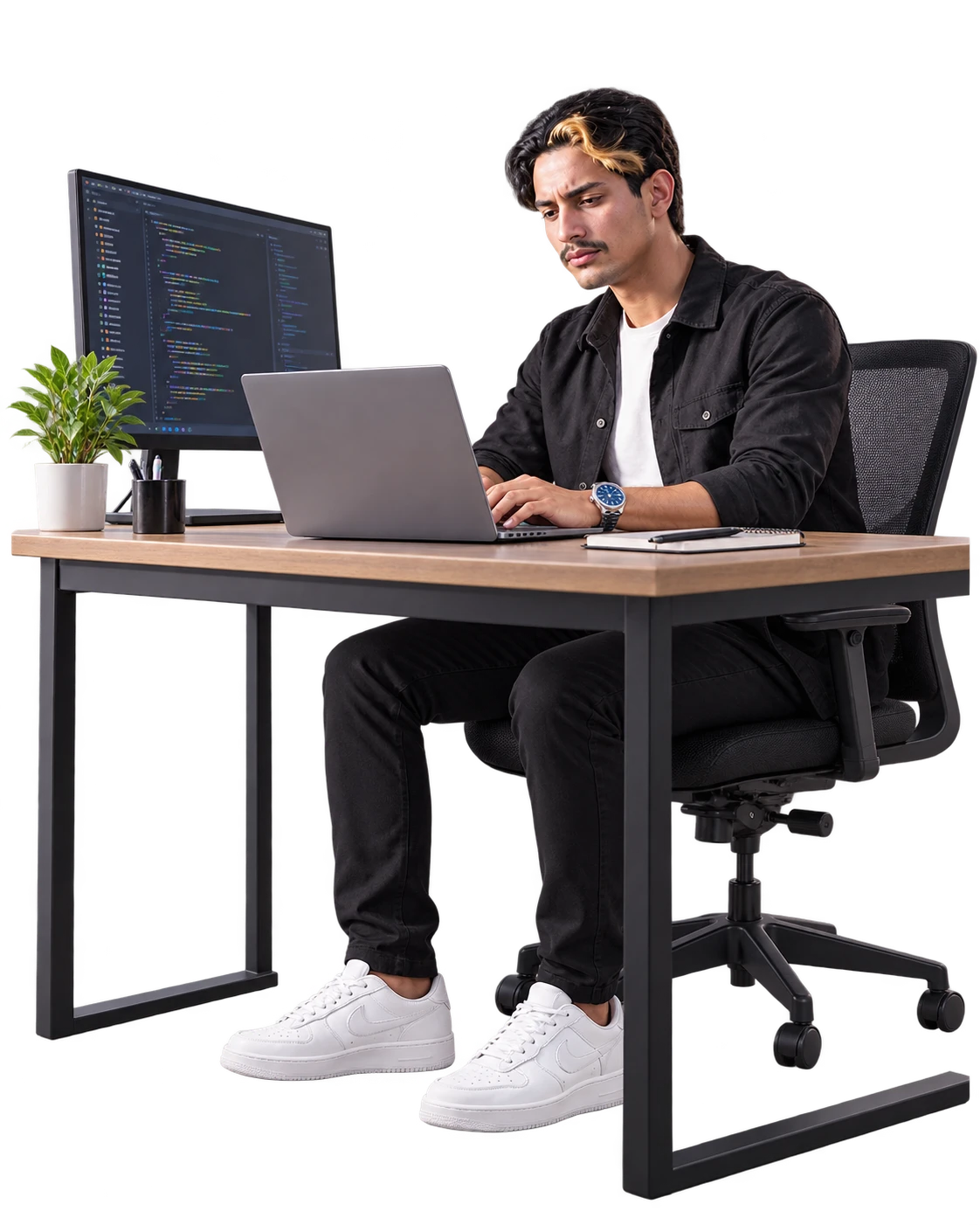 Michael desarrollando un producto con su portátil en el escritorio