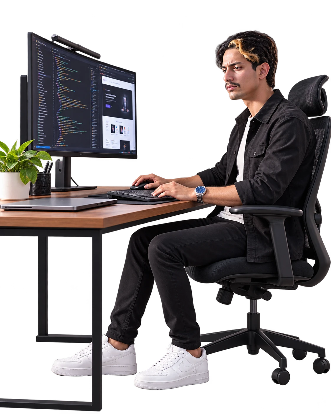 Michael revisando código y un sitio web en su monitor