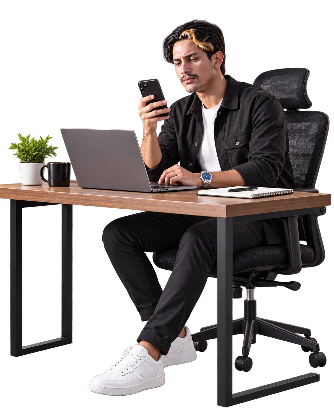 Michael planificando un producto en su escritorio con un portátil y un teléfono